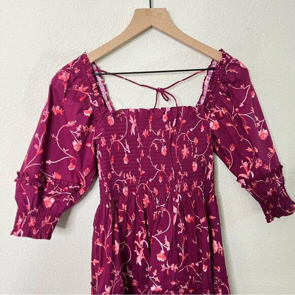 Hill House The Nesli Nap Smocked Dress Burgundy Botanical Floral Womens Size XS - Picture 6 of 9